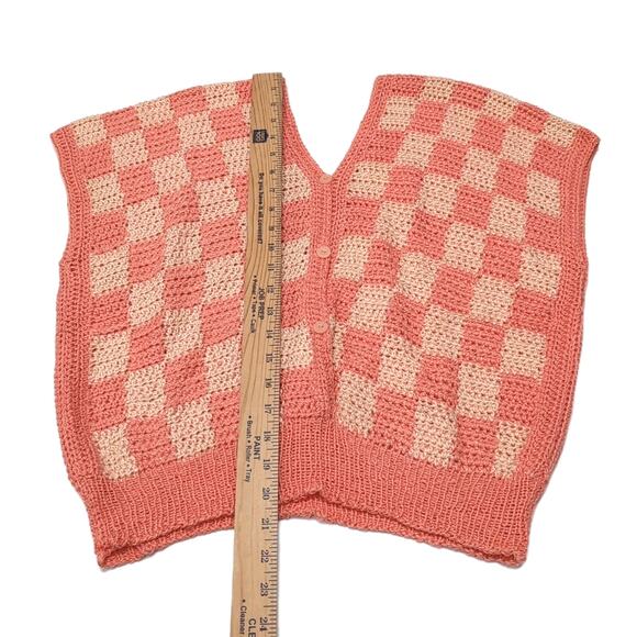 Hand Knit Handmade Pullover Sweater Vest Crop Top Size M Peach Checkerboard NEW - Picture 9 of 10